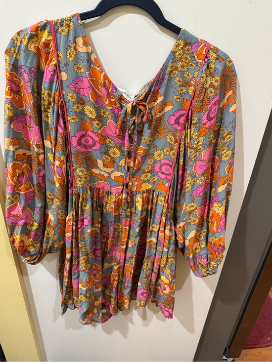 Rusttydustty Other - Floral Tie-Front Peasant Romper in Gray, Pink & Orange